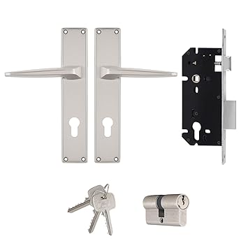 Godrej NEH 15 2C Mortise Door Lock Handle Set with 3 Keys, Suitable for Left & Right Handed Door Handle Set for Home & Office Door, Satin Steel Finish (Silver, Set of 1)