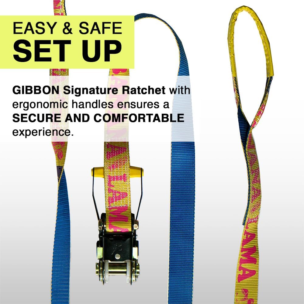Gibbon Slacklines BananaLama Treewear Set | 3,5 cm Breite | 15 Meter Länge | Anfänger & Fortgeschrittene | Trampolin-Effekt | Schneller Aufbau | Umweltfreundlich | Flachband-Technologie