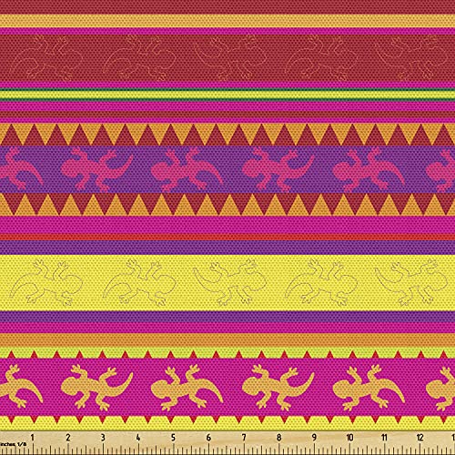 Ambesonne Mexican Fabric by The Yard, Vibrant Colored Striped Pattern with Abstract Lizard Animal Folk Borders, Decorative Fabric for Upholstery and Home Accents, 3 Yards, Red Purple