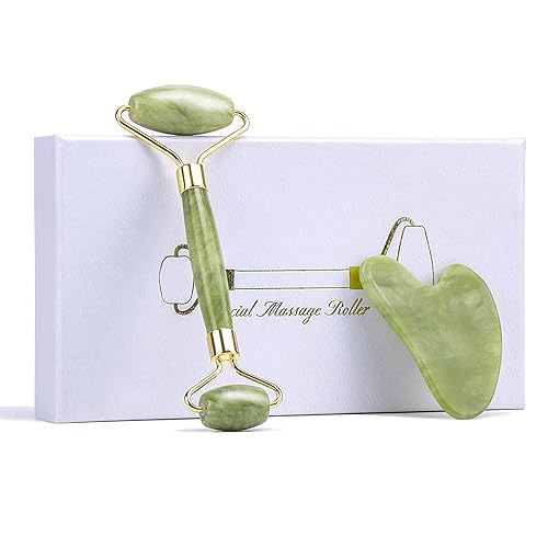 KMEIVOL - Rodillo de jade para cara rodillo facial antienvejecimiento natural y juego de Gua Sha rodillo facial para cara ojeras cuidado de la piel
