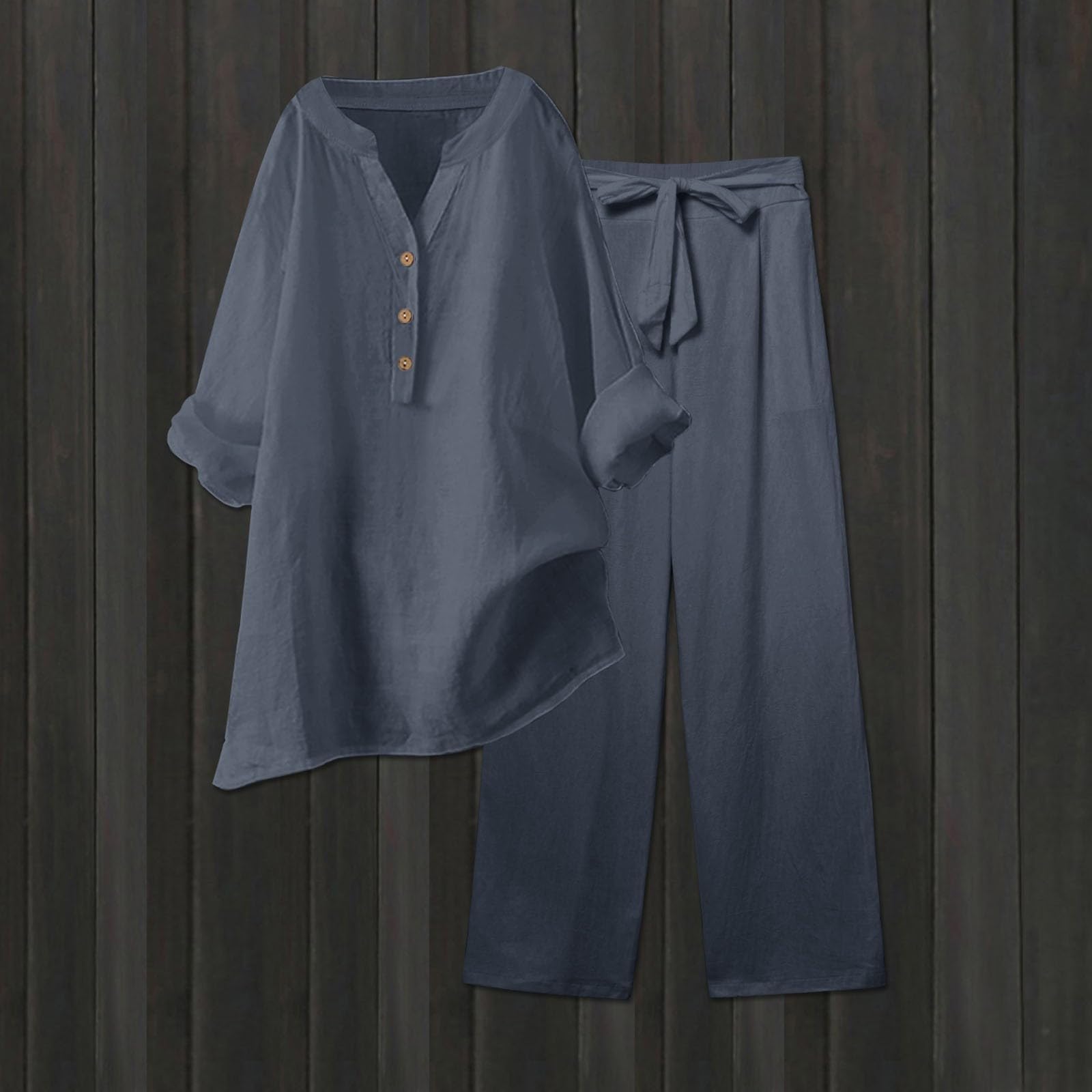 Ensemble de pyjama 2 pièces pour femme - Grandes tailles - Couleur unie | Combinaison ample en lin à manches mi-longues, col en V, boutons et taille élastique, lacets, pantalon à jambes larges