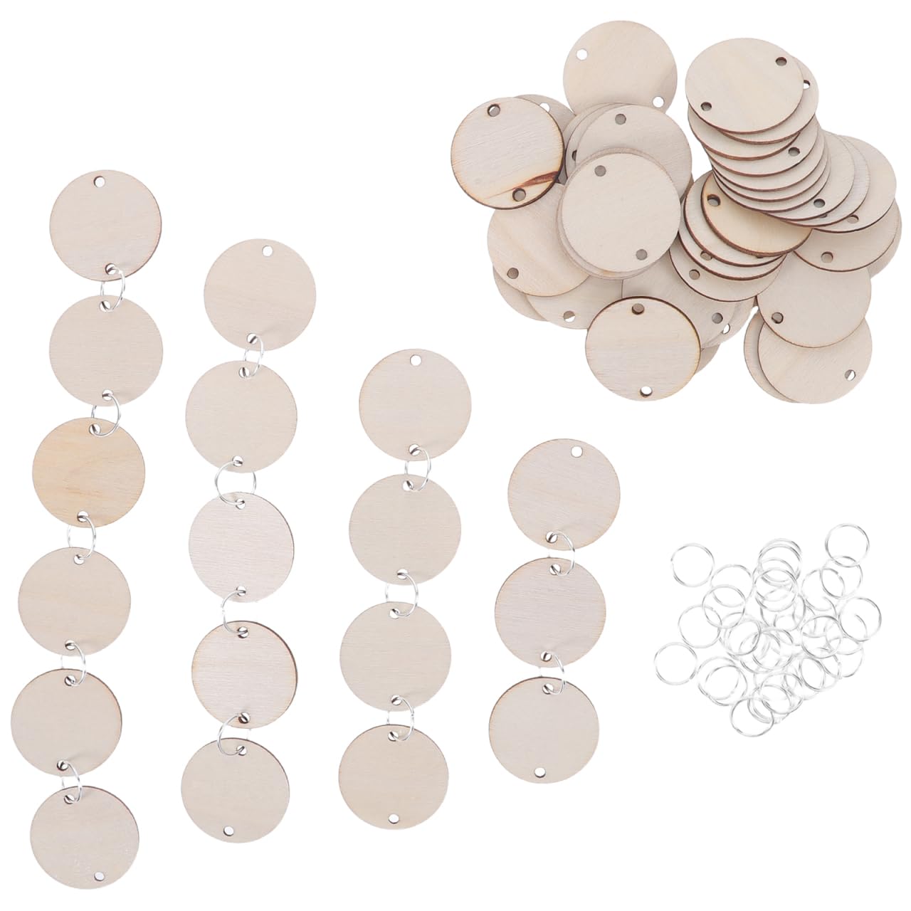 jojofuny 80pcs 30mm Round Blank Wooden Discs with Pre-drilled Holes and Metal Rings for DIY Craft Wood Pieces, Birthday Board Tags, Calendar Reminder Labels, Unfinished Woodcraft Supplies