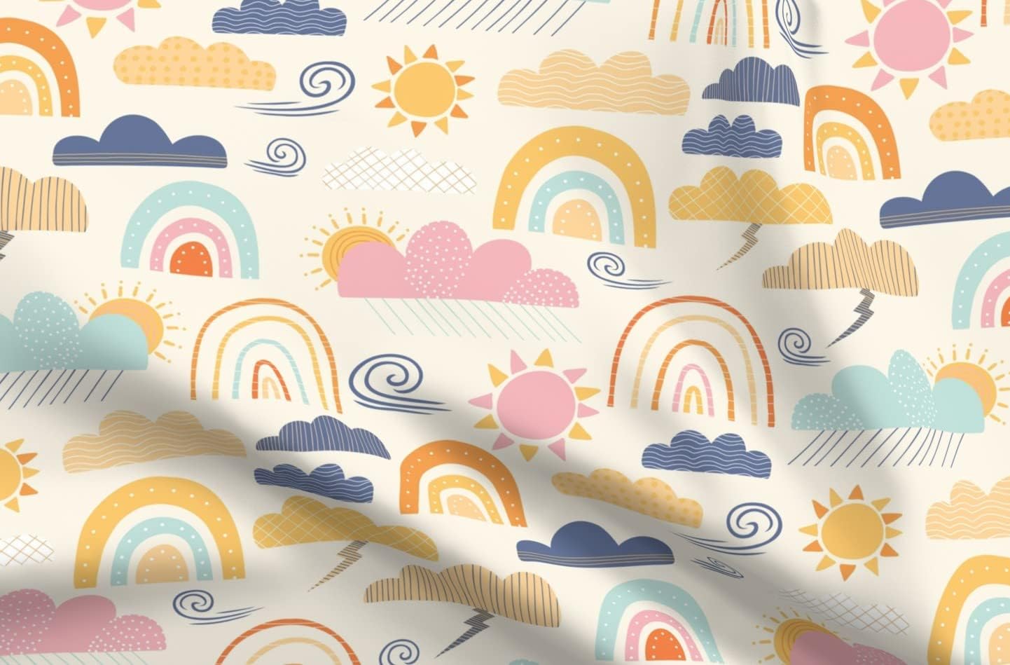 Spoonflower Fabric - Sunshine Showers Rainbow Cloud Pink Cream Clouds Children Sun Nursery Printed on Organic Cotton Sateen Fabric by The Yard - Sewing Quilting Apparel Home Decor