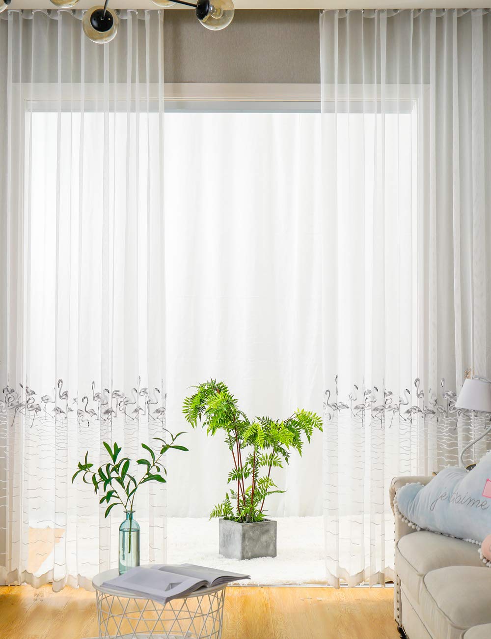 Lactraum - Tenda per cameretta Bambina, in Voile con Ricamo in Stile Fenicottero, Colore: Bianco Trasparente, Weiß Flamingo mit Ösen, 300 x 245 cm