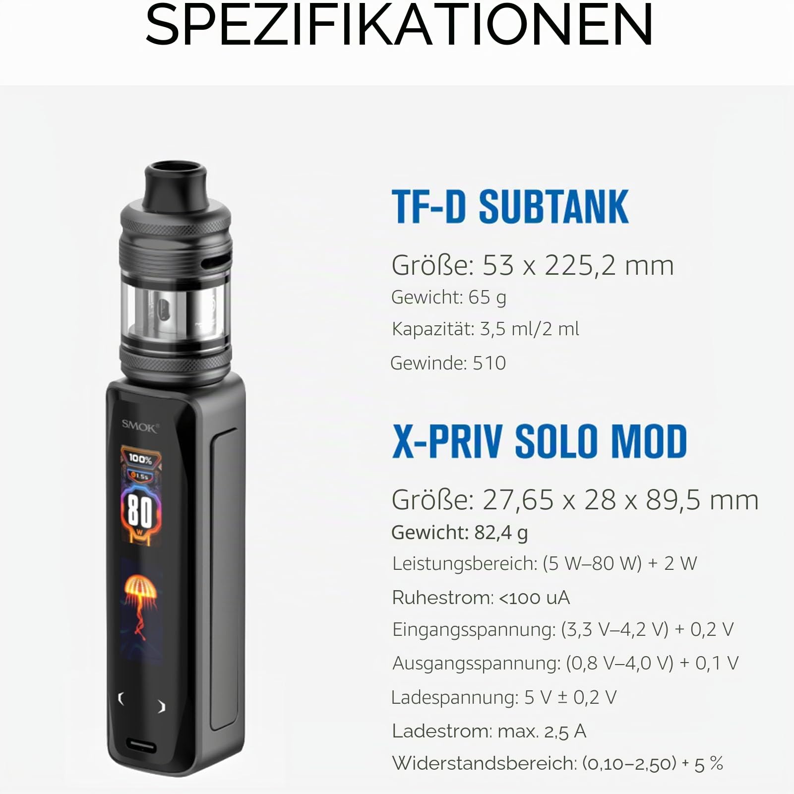 Smok X-PRIV SOLO Kit vE Zigarettenstarter Vape Kit, 80W, einzelne externe Batterie, DL Vaping, Dual Display Screen, 3.5 ml Kapazität, kein Nikotin (Black Shell)