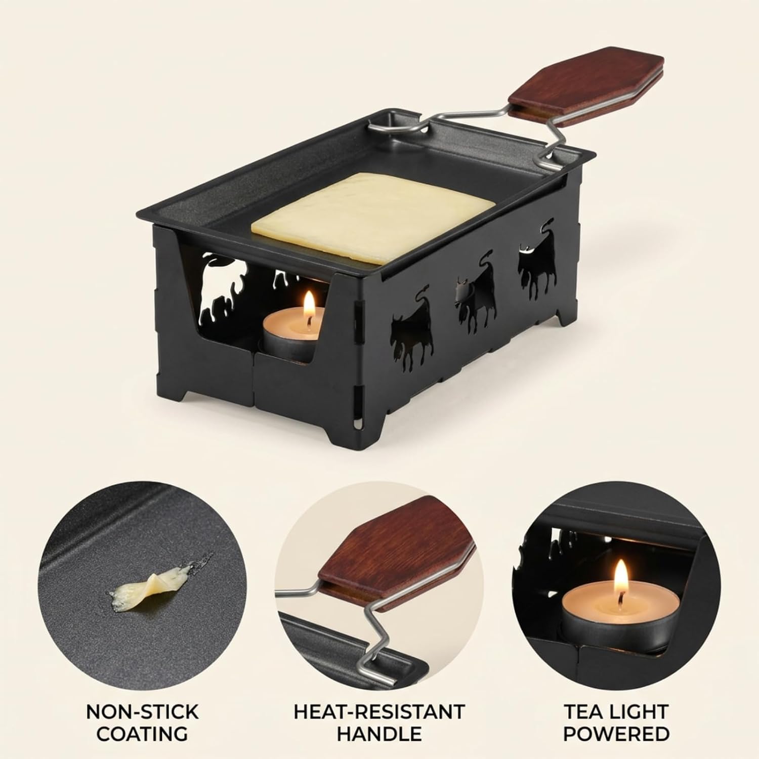 Raclette Cheese Pan Set, 3 Pack Mini Cheese Melter Trays, Non-Stick Carbon Steel with Foldable Wood Handle, Includes Stands and Spatulas, Portable for Tea Light BBQ and Picnic