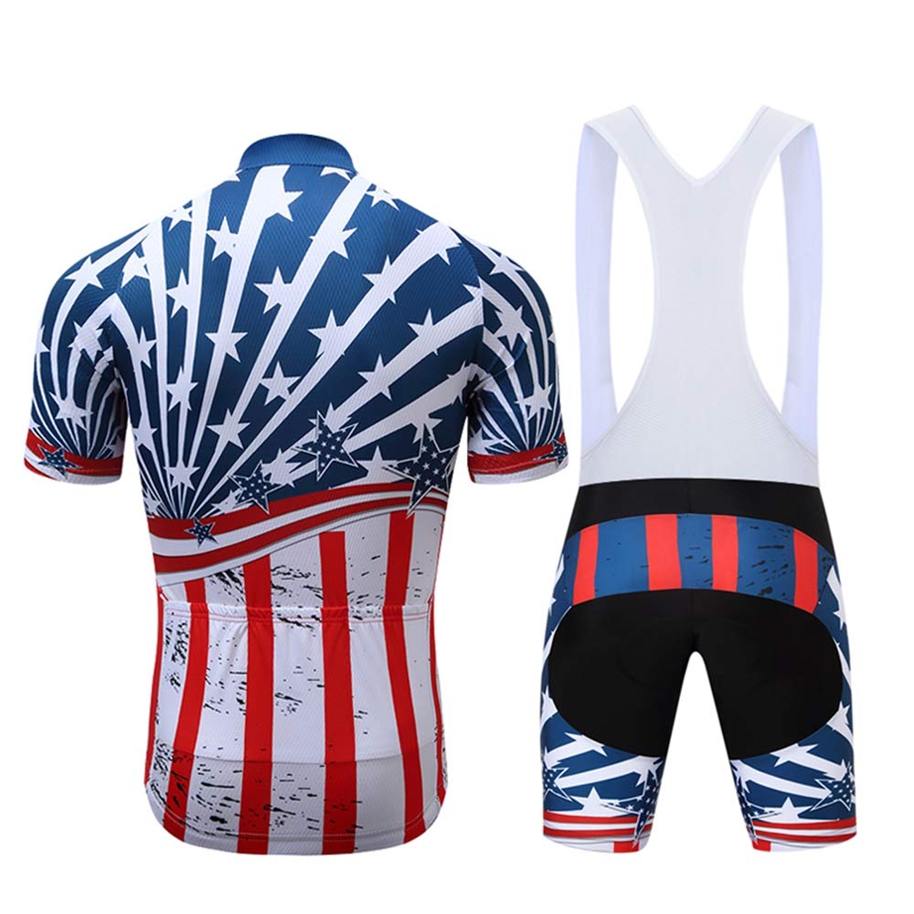 Shenshan Men's Summer USA Short Sleeve Cycling Jersey Bib Shorts Set Blue Red XL