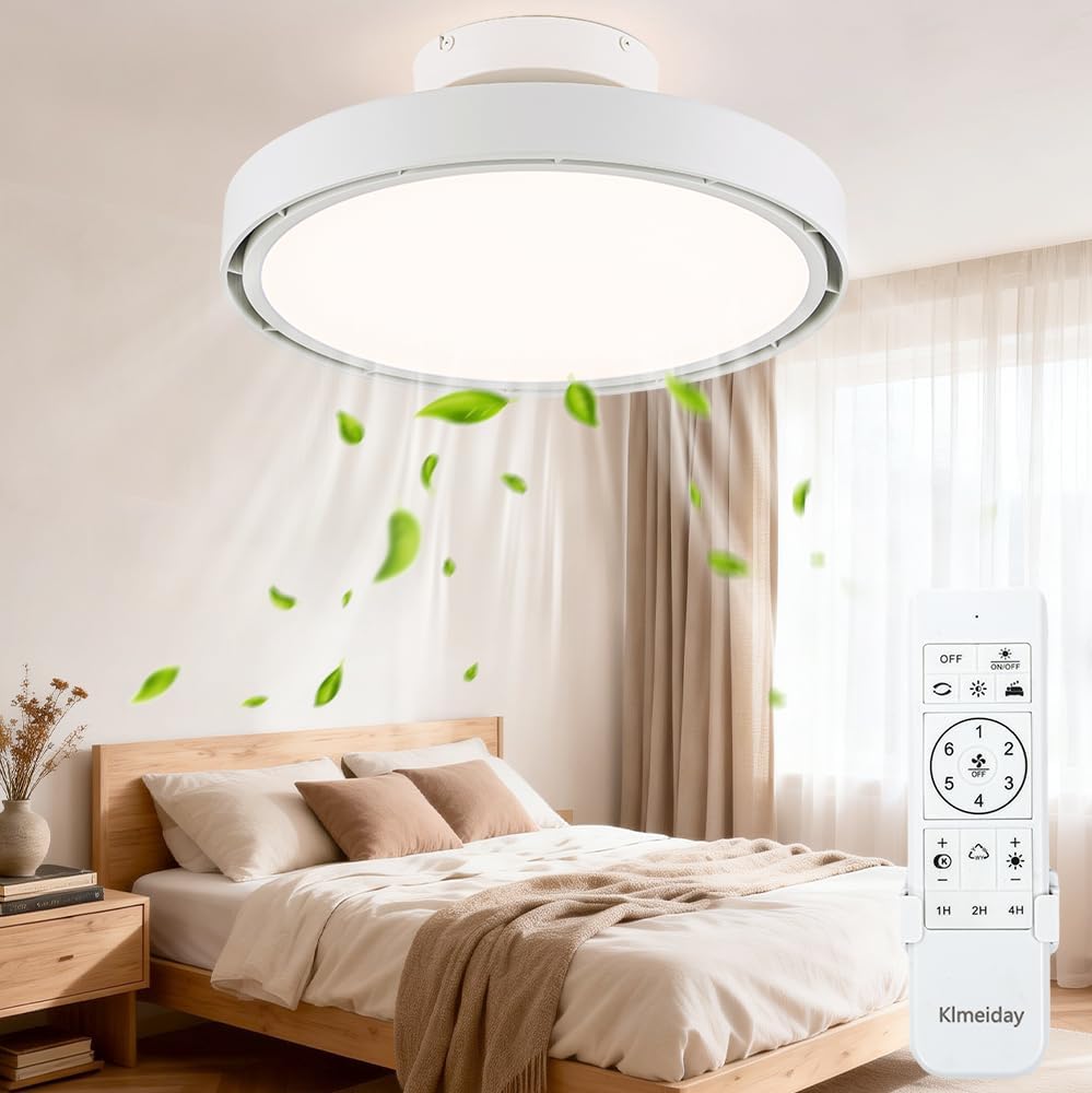 Bladeless Ceiling Fans with Lights and Remote, Flush Mount Modern Ceiling Fan with Light, 6 Speeds, Stepless dimming & 3000-6000K CCT LED Lights for Bedroom, Living Room (Light Walnut)