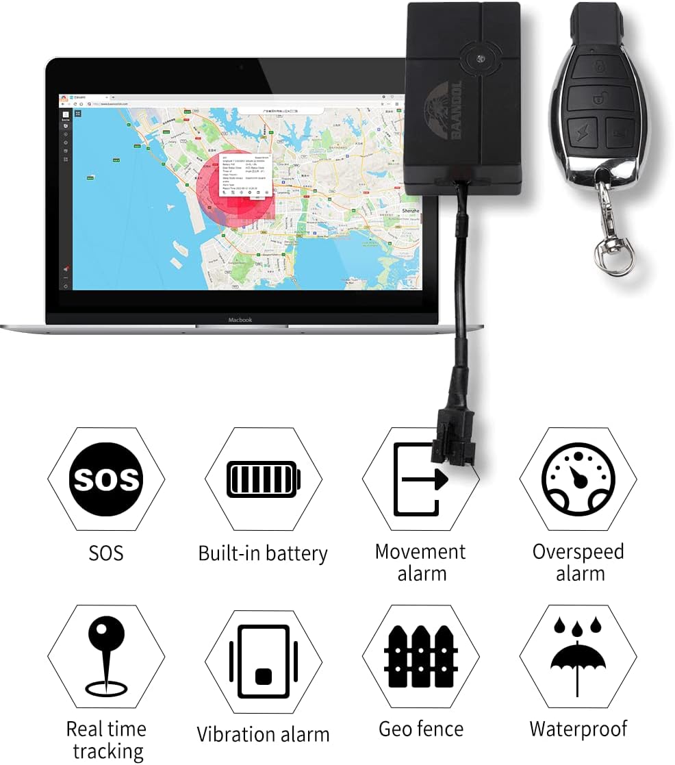 Contents of the BAANOOL BN-401B-N GPS tracker package, including the main unit, harness, remote controller, relay, and manual.