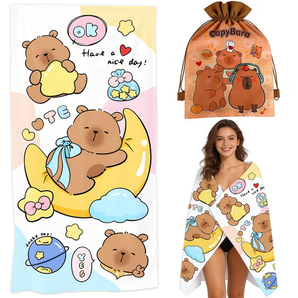 KMFASVX Cute Capybara Beach Towel, Capybara Pattern Thin Lightweight Soft Bath Towels, Quick Dry Absorbent Microfiber Swim Yoga Pool Beach Accessories, 80x160cm (D)