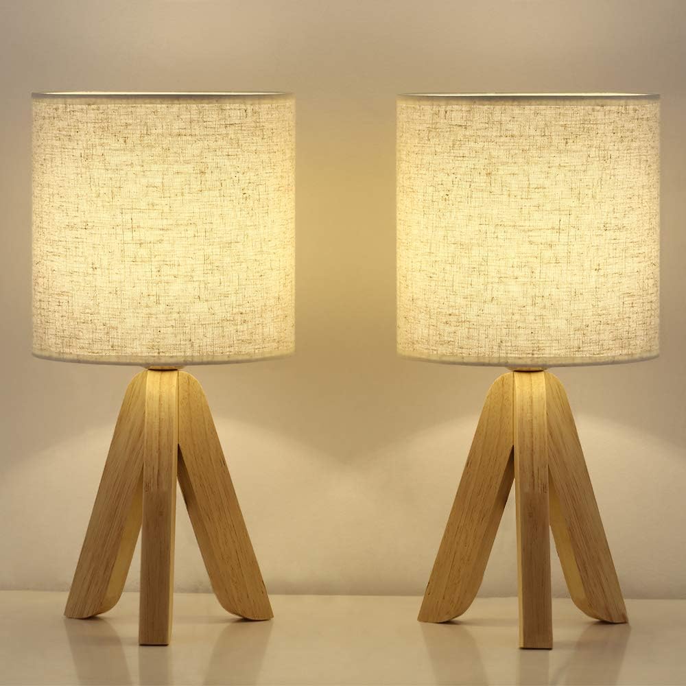 ETELI Table Lamps Set of 2 with Wooden Tripod and Rustic Linen Fabric Shade Small Bedside Nightstand Lamps for Dresser Bedroom Living Room College Dorm Office Hotel