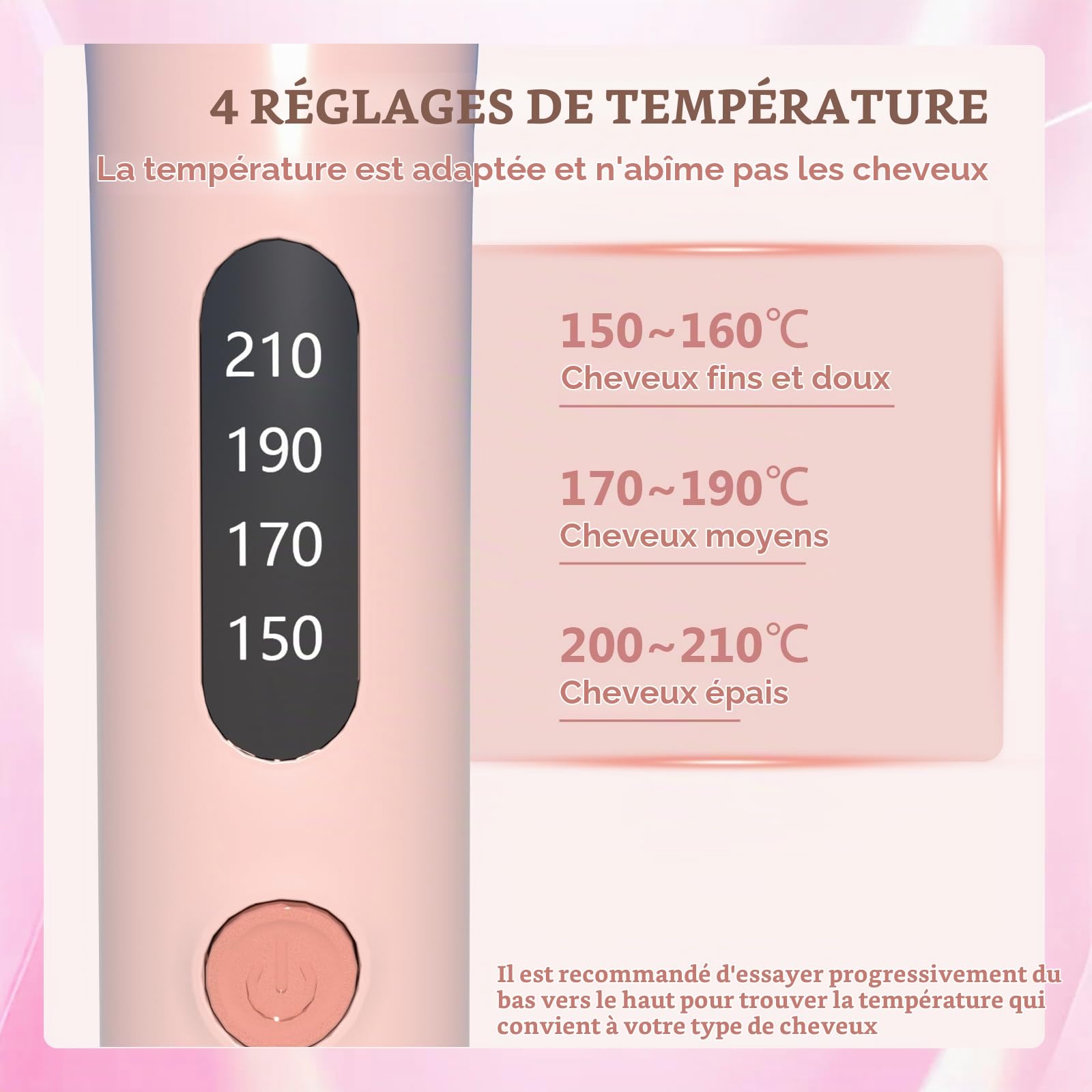 Fer à Friser Automatique, Boucleur à Cheveux avec 4 Température Réglable, Anti-brûlure, Rotatif à 360° Fer a Boucler pour Coiffure, Rose
