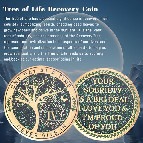 Image of LParkin 4 Year Sobriety Coin, 4 Year AA Coin, Sobriety Gifts for Women and Men, Tree of Life Sober Gifts Alcoholics Anonymous Medallion