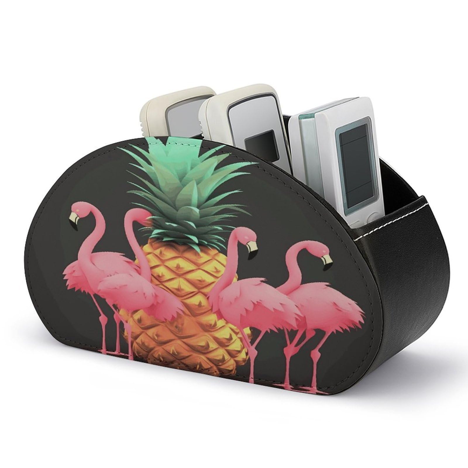 FekiLoot Pineapple Flamingos Remote Control Holder, PU Leather Remote Control Organizer Box Stationery Remote Control Box Desk Storage Organizer for DVDs,Glasses,Pens,Media Players