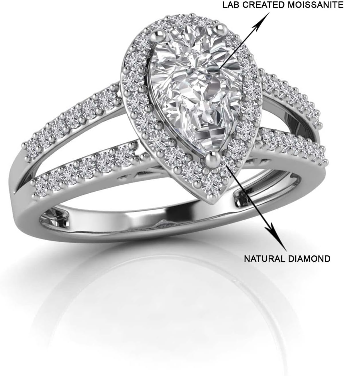 Pretty Jewels 925 Sterling Silver Center 8.5x5.5mm Pear Cut Lab Created Moissanite And Natural White Diamond Teardrop Halo Solitaire Engagement Rings for Women Gift For Her (1.40 Cttw)