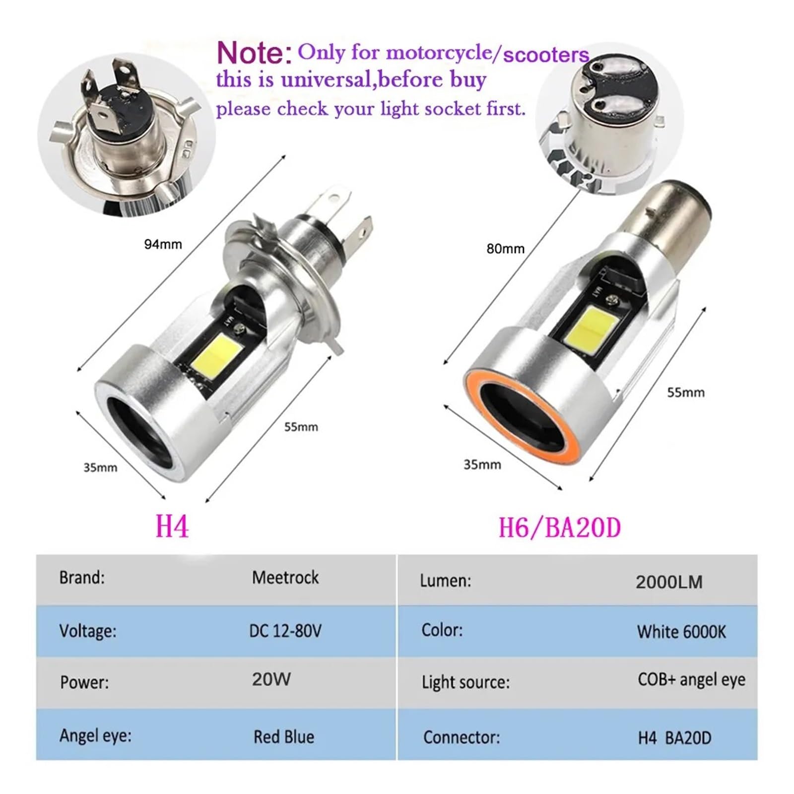 DRL Blanc Clignotant Bleu/Rouge Angel Eye H4 LED Moto Phare Ba20d HS1 H6 Scooter Moto Phare Ampoule DRL Accessoires DC 12-80V (Color : Blue-H4)