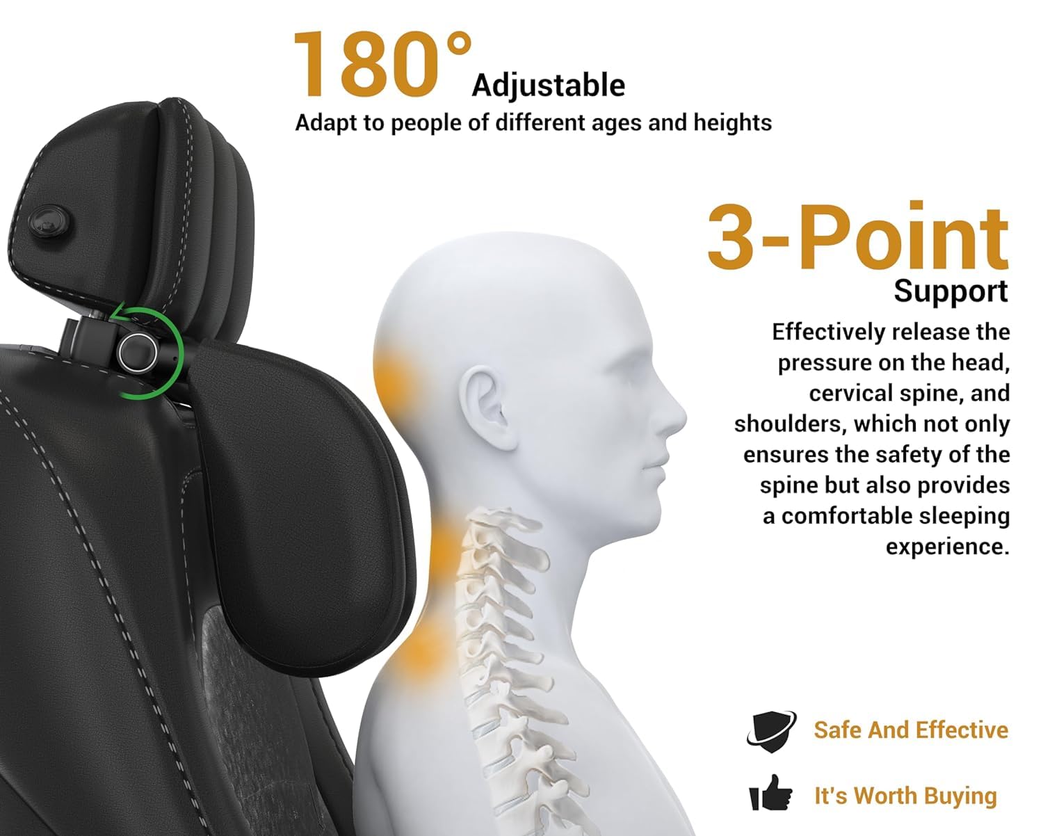 BROGBUS Car Headrest Pillow,Thickened Memory Foam Road Pal Headrest,Neck Support Pillow,180° Adjustable Car Headrest, U- Shaped Design,Travel Car Sleeping,Suitable for Kids and Adults (Black) 2