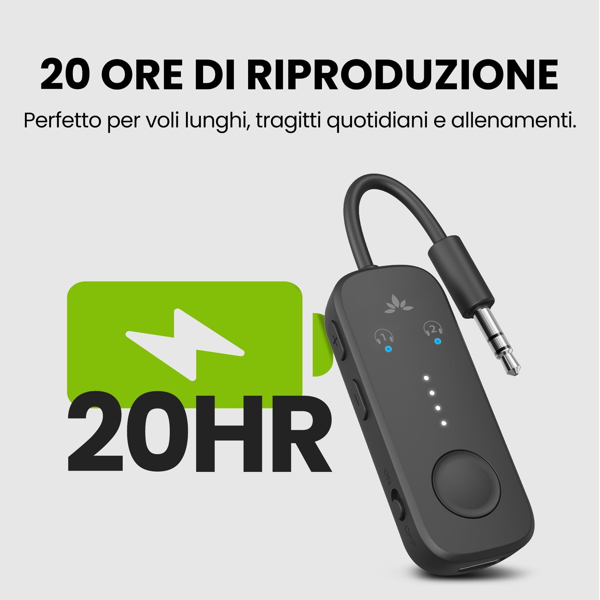 Avantree Relay – Adattatore Bluetooth 5.3 per Aereo con Qualcomm aptX Adaptive, Supporta 2 AirPods o Cuffie, 20h di Autonomia, Trasmettitore Wireless Audio 3,5 Mm AUX per Viaggio, Volo, Palestra