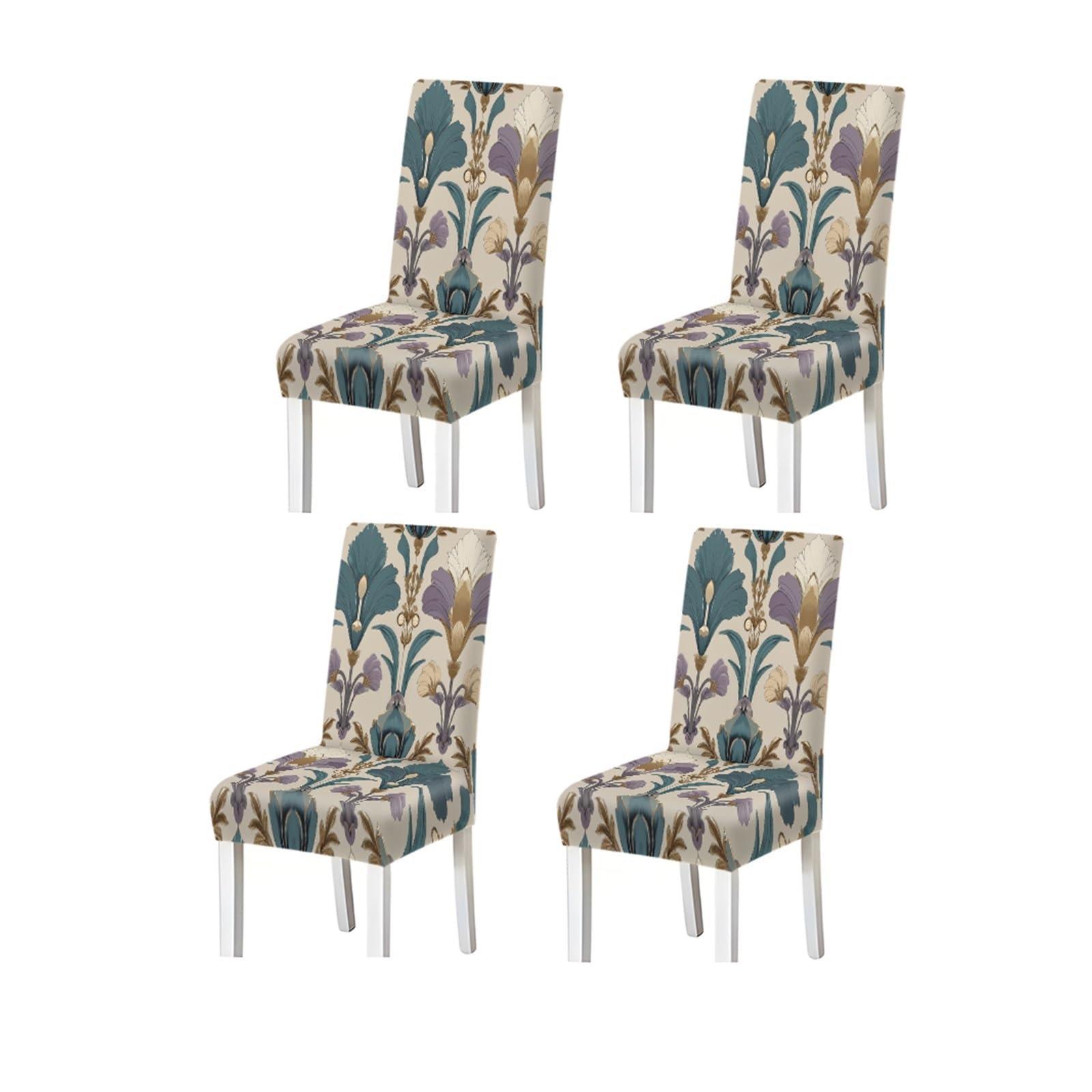 BOSUYBN Beige Teal Purple Art Nouveau Floral Print Dining Chair Covers, Stretch Slipcovers For Home Kitchen Dining Room Party, 2/4/6PCS Furniture Protectors for Home Dining Room(4PCSChair cover)