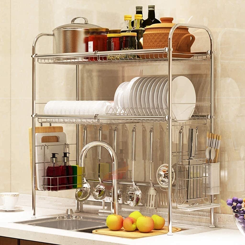 Scaffale espositivo per scolapiatti in Acciaio Inox a 2 Livelli, salvaspazio, con portautensili e Posate (Dimensioni: 84 x 28 x 82 cm) (79 x 28 x 82 cm) ()