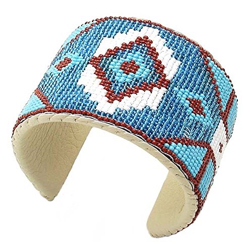 LA viva Handmade Beaded Bracelet, Indian Fashion Jewelry Cuff Bracelet, Seed Beads Turquoise Blue Brown Unisex Leather Bracelet, Cowboy Western. B41/4