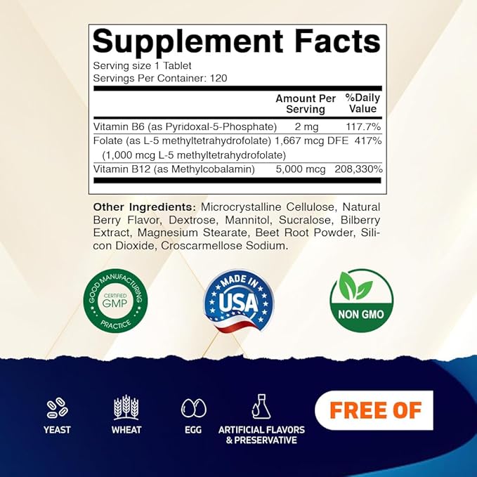 Vitamatic Methyl Folate & B12 Suplemento con P-5-P 120 Tabletas x2 miniatura 2