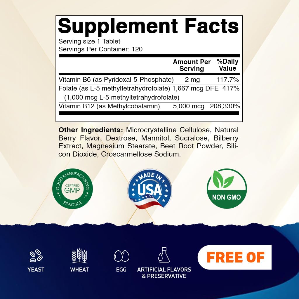 Vitamatic Methyl Folate & B12 Supplement with Pyridoxal 5 Phosphate (P-5-P) - Promotes Cardiovascular Health & Energy Metabolism - 120 Fast Dissolve Tablets - Non GMO & Gluten Free — Amazon image 2