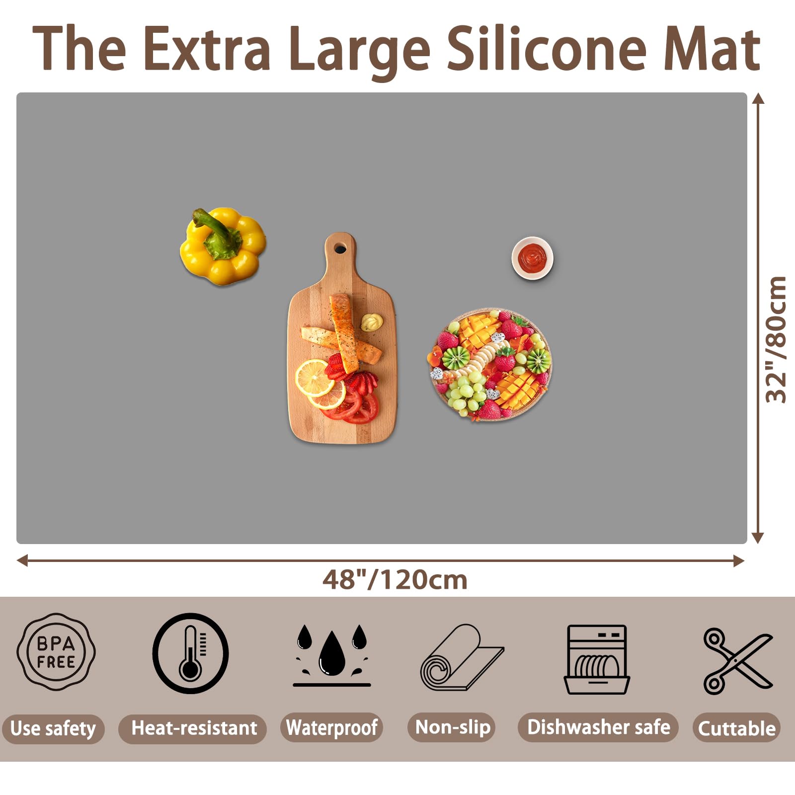 Silikonmatten für Küchentheke, 120 x 80 cm, große, hitzebeständige Matte, Kücheninsel, wasserdichte Arbeitsplattenschutzmatte, rutschfest, extra große Thekenmatte, halbtransparent
