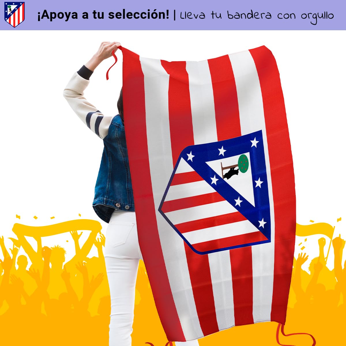 Bandera oficial del Atlético de Madrid + Llavero 100% colchonero | 120 x 90 cm - Rallas Rojas y blancas con escudo clásico en el centro.