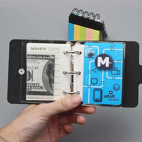 Miniatura 6 de Carpeta organizadora A9 de piel auténtica negra con 3 anillas, 120 hojas de notas y recambios semanales con 2 mini bolsillos transparentes para