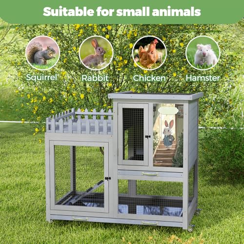 2-Tier Rabbit Hutch with Wheels, Indoor and Outdoor Bunny Cage with Ramp & 2 Removable Trays for Easy Clean, Wooden Guinea Pig House (Grey) - Image 2