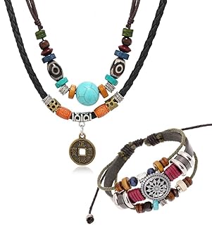 JEYORZY 2 Pcs Boho Schmuck Set Für Damen, Halskette Lederkette Damen, Surferkette Herren, Bohemian Stapelbare Wickelarmbänder Leder,Western Tribe Vintage Schmuck, Indianer Schmuck, Modeschmuck