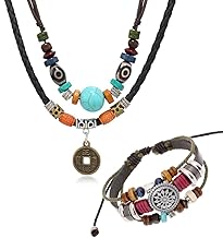 JEYORZY 2 Pcs Bohemian Turquoise Boho Leather Bracelet Multi-Layer Vintage Wood Pearl Necklace Indian Ethnic Jewelry Western Jewellery For Women Travel Photography Cowgirl