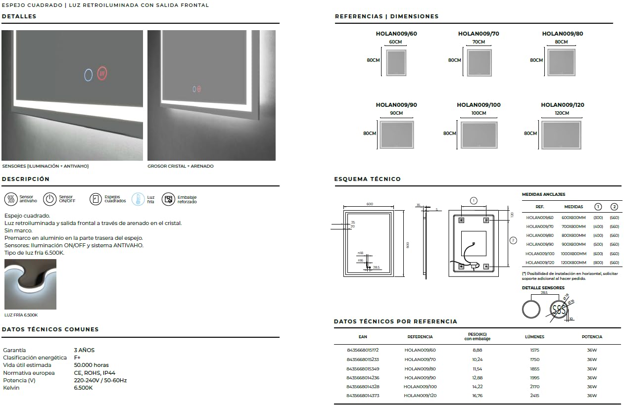 Mice - Espejos led para baño, Espejo retroiluminado, Triled- Blanco Frío/Natural/Cálido Sensor Antivaho/On-Off -Marco de Aluminio - Espejo con luz para Maquillaje - Vestidor 100X80Cm