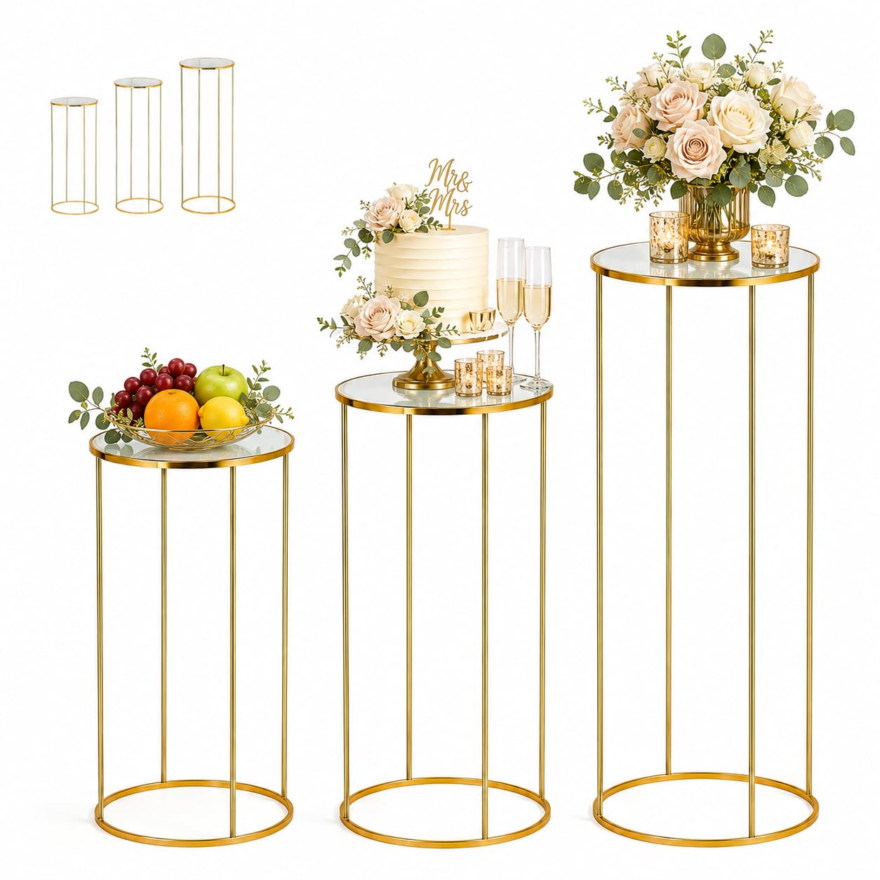 3 Pcs Cylinder Display Stand Set with Removable Covers, White Round Plinth Pedestal Display Stands for Wedding, Birthday, Baby Shower, Dessert Table, Cake Display & Event Backdrop Decorations