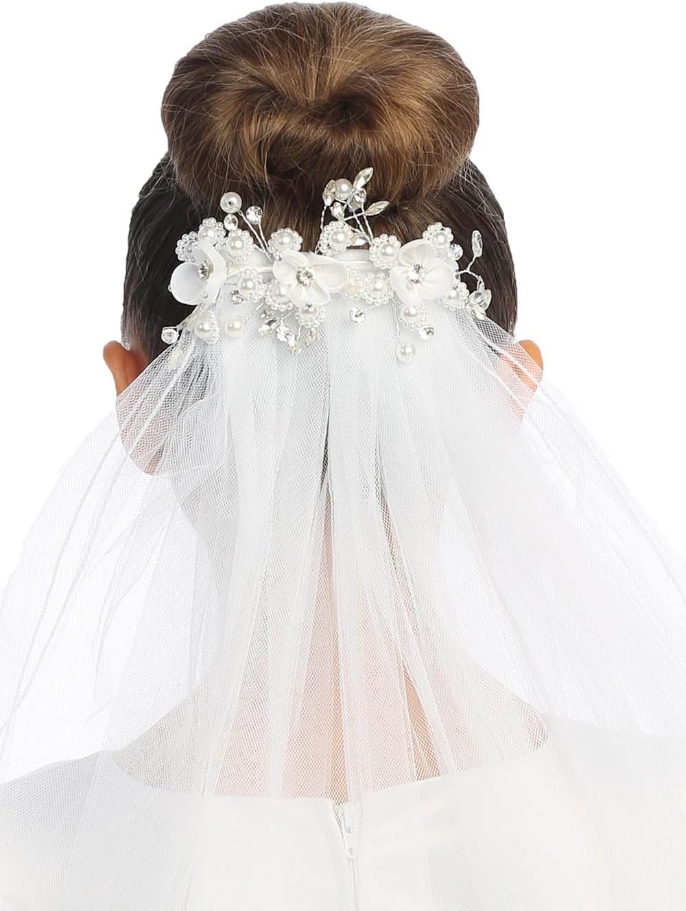 Swea Pea & Lilli Girls First Communion Veil - White Holy 1st Communion Headpiece with Comb, Organza Flowers with Rhinestones, Pearl Accents, and Crystal Accents