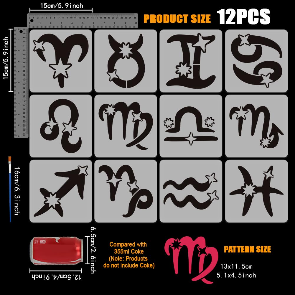 FINGERINSPIRE 12PCS Zodiac Symbols Stencils with 1Pc Plastic Brush 15x15cm Twelve Constellation Signs Stencil Decoration Fantasy Theme Stencils for Painting on Wood Canvas Fabric Wall Furniture - Image 2