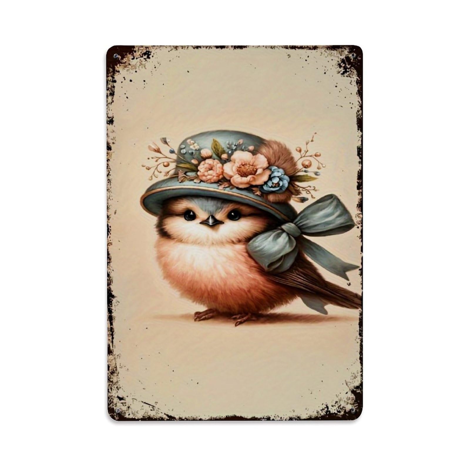 Bliveurn Vintage Cute Bird Wearing Floral Hat Retro Metal Tin Sign, Metal Poster For Home, Gaming Room, Studio Workshop,Bar,Garage Wall Art Decor 8X12 Inch