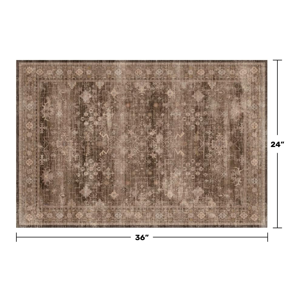 Image of Boho Taupe Brown 2x3 Entryway Rug - Modern Vintage Traditional Eclectic Oriental Neutral, Washable Low Pile Non-Slip Small Throw Area Rugs for Door Mat Indoor Entrance, Kitchen, Bathroom