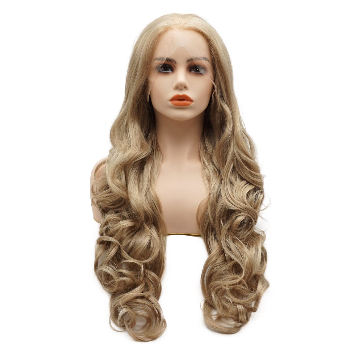 Hair Synthetic Lace Front Wig Wavy Long 26inch Blonde Auburn Mix Half Hand Tied Heavy Density Realistic Wig