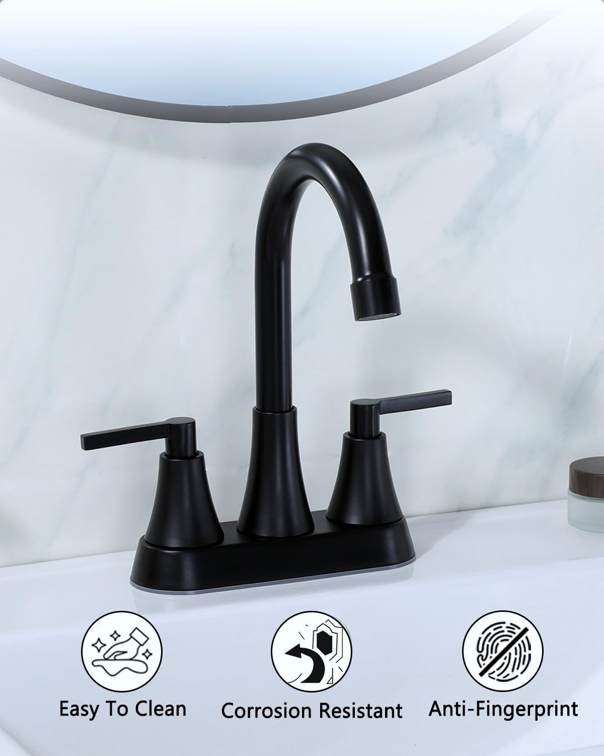 Friho 4 Inch Centerset Black Bathroom Faucet, 2 Handle Stainless Steel Matte Black Bathroom Faucet for Sink 3 Hole, Bath Faucet with Pop-up and Drain Supply Hoses for Restroom Vanity RV