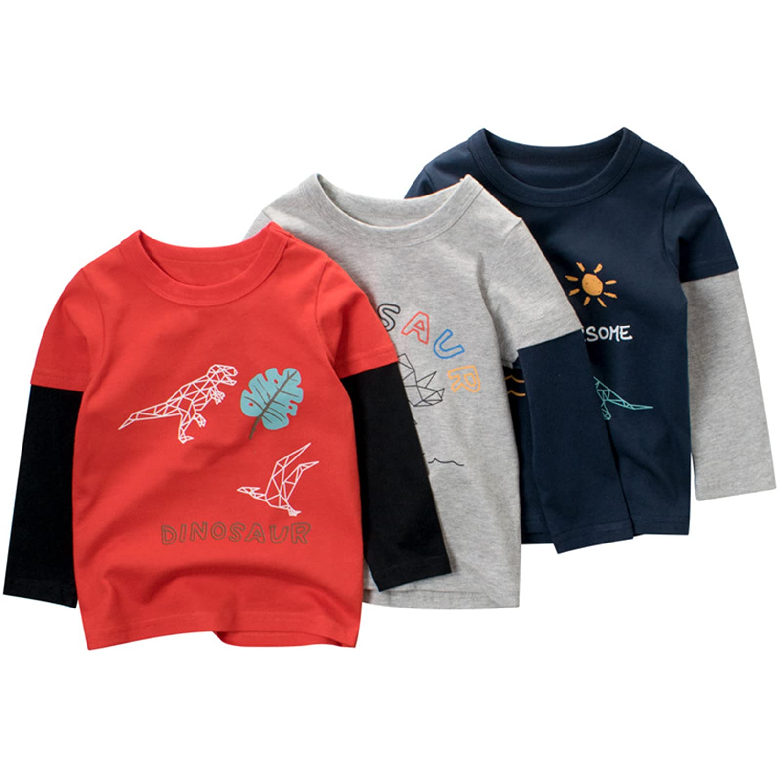 amropi Bambino Ragazzi 3 Pack Maglietta Stampa Dinosauro Manica Lunga Casuale Cotone T-Shirt per 1-8 Anni