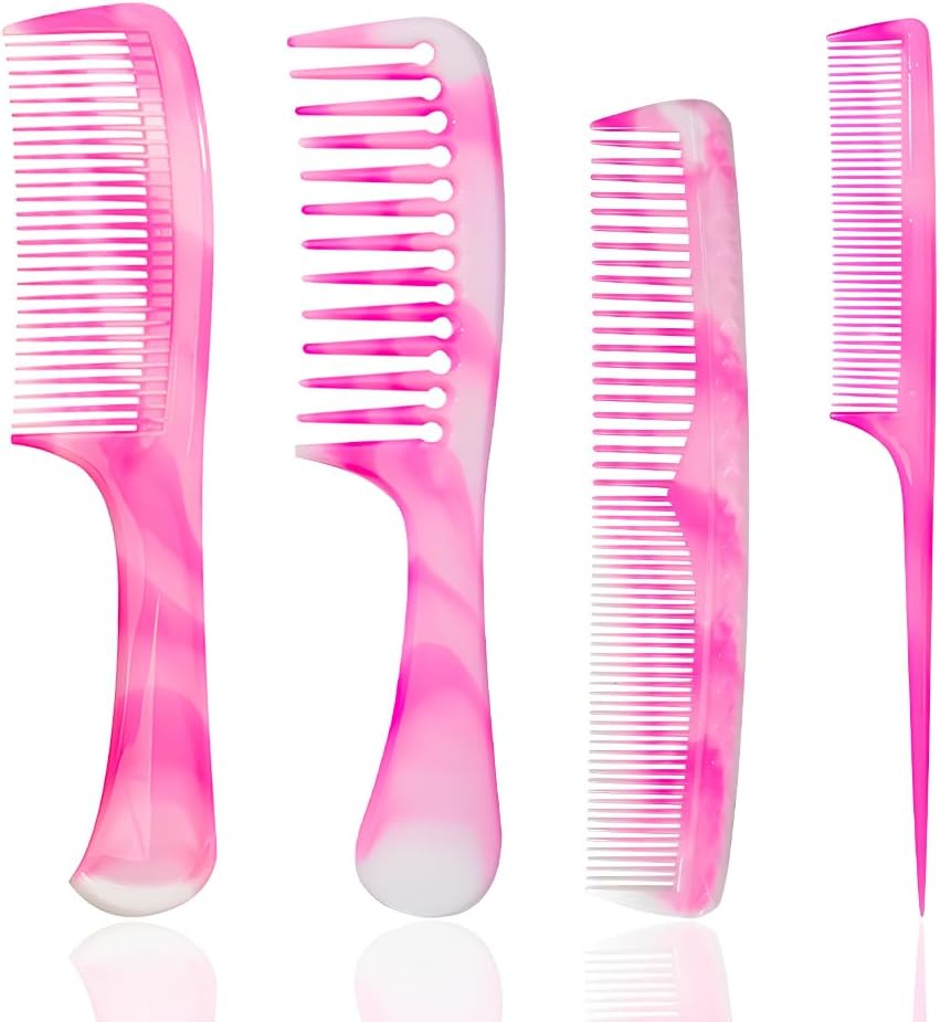 Pink Hair Comb Set - Wide Tooth, Fine Tooth, Rat Tail, and Dual Comb for Women and Men