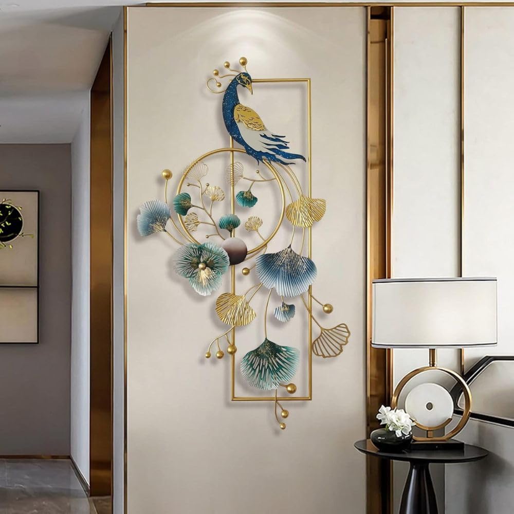 Home And Crafts - Multicolor Peacock Shape Design Metal Wall Art Showpiece Decor Handmade Metal Wall Mounted Sculpture, Decoration Perfect for Living Room Bedroom Kitchen Office (Size 35x18 inch)