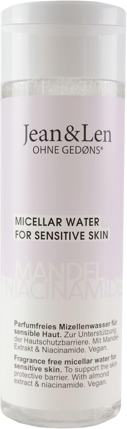 Jean & Len Micellair Water, geurvrij, amandel & niacinamide, voor gevoelige huid, kalmeert & reinigt mild, zonder parabenen & siliconen, vegan, 200 ml.