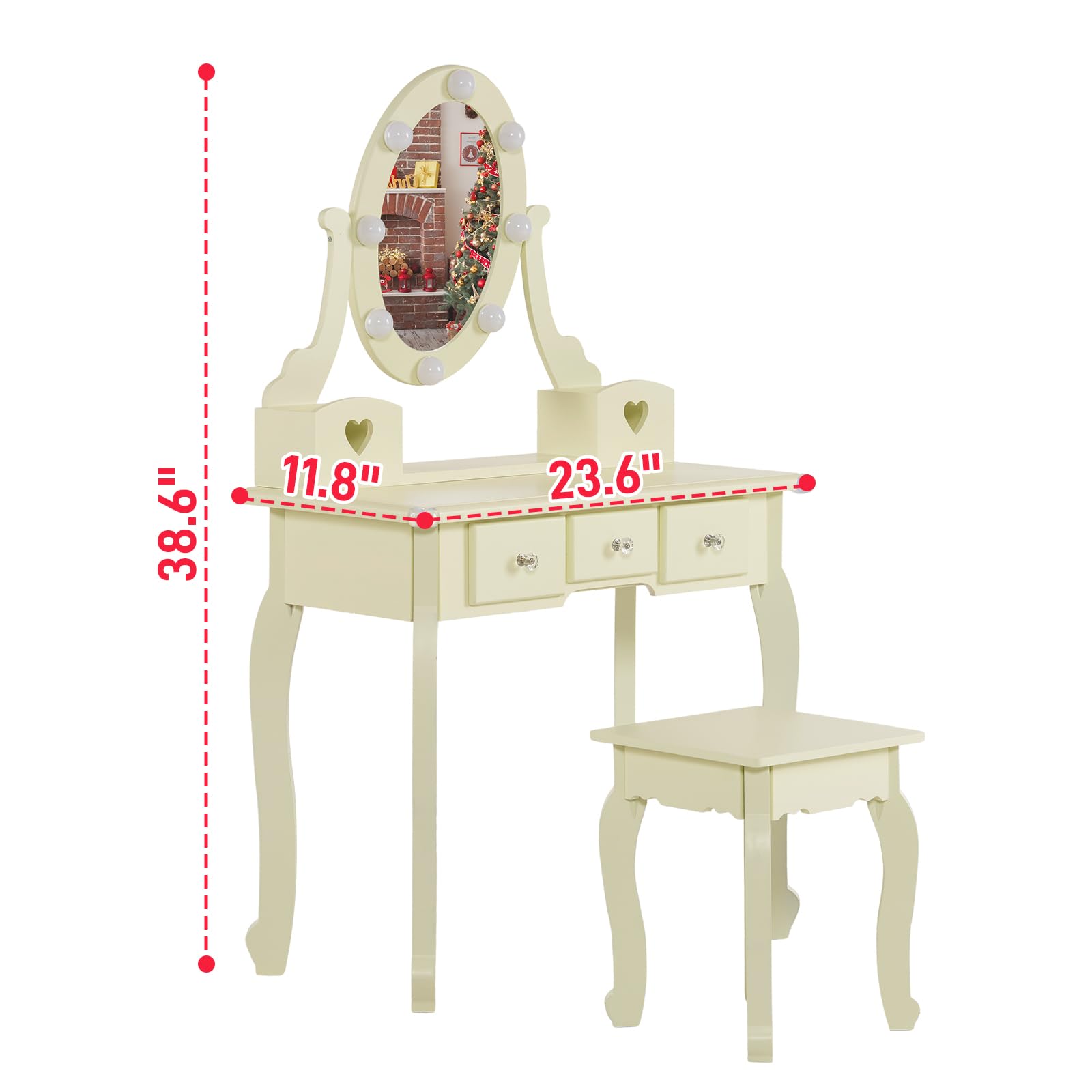 Ynredee Girls Makeup Vanity Set,Dressing Table Desk with Lighted Mirror and Stool,Makeup Table with 5 Drawers for Bedroom,Bathroom (Yellow)