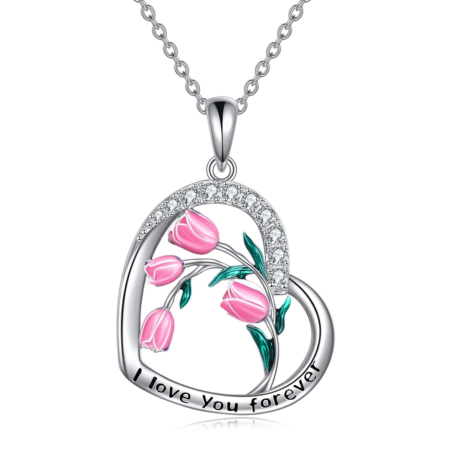 CRMAD Purple Tulips Necklace Sterling Silver Moonstone/Crystal/Cross Flower Tulips Jewelry Mother's Day Gifts