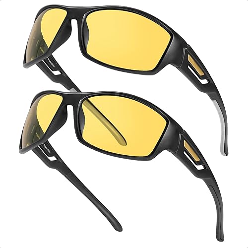Myiaur Night Driving Glasses for Men Women, Wrap Around Sport Night Vision Glasses Anti Glare Yellow Lens 2 Pack