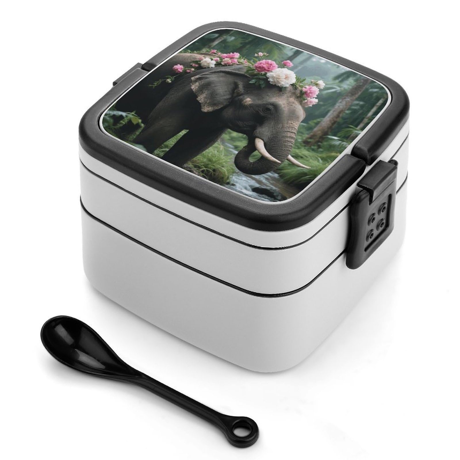 VstaDank Flower Elephant Bento Box with Compartments Portable Lunch Containers with Spoon Leak Proof Bento Lunch Box Snap-On Design Double-Layer Insulated Lunch Boxes for Work Camping