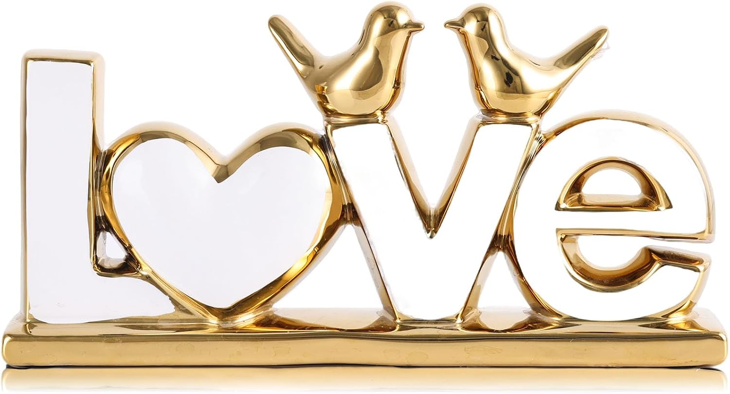 Ceramic LOVE Letter Decor with Bird Statues,Modern White Gold Sculpture Optimized for TV Stand & Floating Shelf,Sophisticated Tabletop Ornament,Romantic Anniversary & Wedding Gift for Couples (White)